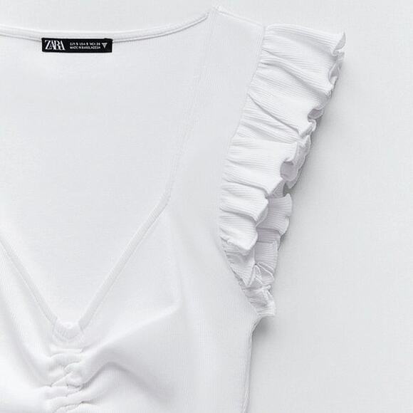 Zara White Ruffle Sleeve Ribbed Knit Ruched Stretch Deep V Crop Blouse Top Sz S - Picture 9 of 9